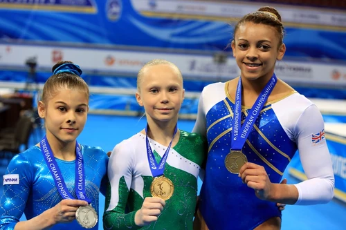 Junior All-Around Medalists (from left): Laura Jurca (ROU), Angelina Melnikova (RUS), Ellie Downie (GBR)