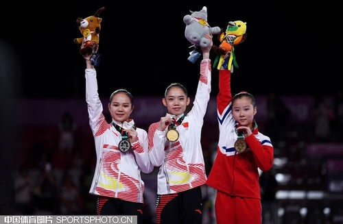 Uneven Bars Medalists (from left): Luo Huan (CHN), Liu Tingting (CHN), Jon Jang-Mi (PRK)