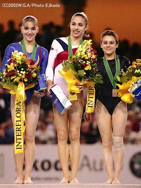 Uneven Bars Medalists (from left): Oana Petrovschi (ROU), Courtney Kupets (USA), Ludmila Ezhova (RUS)