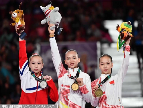 Balance Beam Medalists (from left): Kim Su-Jong (PRK), Chen Yile (CHN), Zhang Jin (CHN)