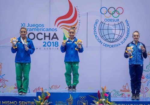Uneven Bars Medalists (from left): Jade Barbosa (BRA), Flavia Saraiva (BRA), Martina Dominici (ARG)