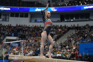 Melnikova in the balance beam final at the 2019 European Games