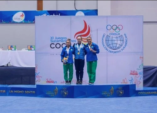 All-Around Medalists (from left): Flavia Saraiva (BRA), Martina Dominici (ARG), Jade Barbosa (BRA)