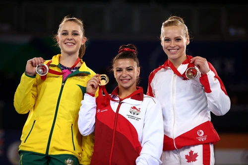 Floor Exercise Medalists (from left): Lauren Mitchell (AUS), Claudia Fragapane (ENG), Ellie Black (CAN)