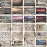 The front and back of several Polaroids