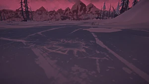 A hole formed after a player fell through weak ice