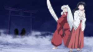 Inuyasha protegiendo a Kagome y Moroha