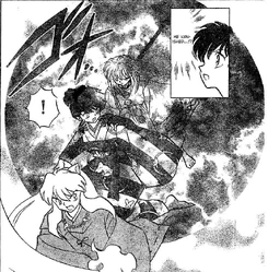 Hakudoshi uses Kagura as a human shield.