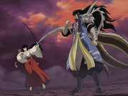 Naraku attacks Kikyō, sending her into the miasma below
