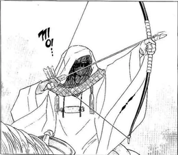 The Holy Woman aims her arrow at Hakudōshi.