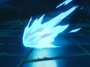 Urasue volando a una velocidad enorme tomando forma de bola de fuego azul