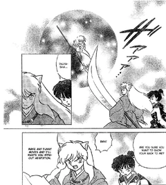 Inuyasha protects Kagura, despite their past conflicts and differences.