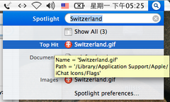 A search for 'Switzerland' being conducted via the Spotlight menu of Mac OS X 10.4.