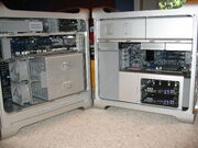 A comparison of the internals of the  (left) and the Mac Pro (right).