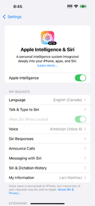 Apple Intelligence options in the Settings app.