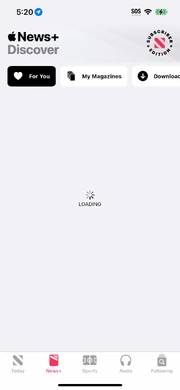 A screenshot of Apple News in the News+ section while the app is loading