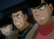 Aoki, Kimura, and Takamura watching Ippo's title match against Sendo