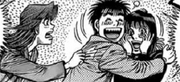 Kumi and Ippo celebrating Mashiba's victory against Aaron