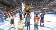 Takamura's celebration in the ring after defeating Eagle