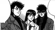 Sendō, Mashiba, and Mari watching Itagaki and Imai fight