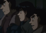 Ippo, Miyata, and Takamura watching Kimura's match against Mashiba