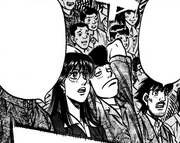 Takamura, Fujii, and Mari watching Itagaki and Karasawa fight