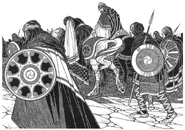 "Maev's second meeting with Fergus", illustration from The Táin by Mary Hutton, 1924