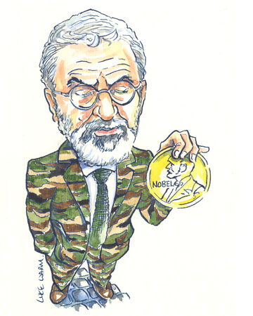 Sinn Fein's Gerry Adams with his Nobel Peace Prize wearing an army camouflage suit.