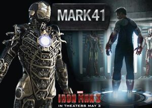 The Mark 41 (XLI), also known as "Bones", in the Iron Man 3 movie theatrical poster.