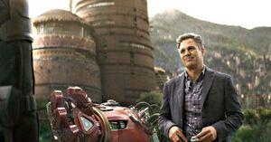 Bruce Banner, in Wakanda, next to Hulkbuster arm