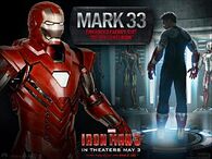 The Mark 33, also known as the Silver Centurion, an Enhanced Energy Suit, in the Iron Man 3 movie theatrical poster.