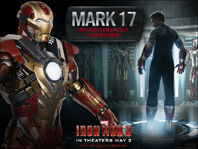 The Mark 17 (XVII) armor, an Artillery Level RT suit, also named the "Heart Breaker", in the Iron Man 3 movie theatrical poster.