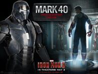 The Mark XL, also known as the "Shotgun", a Hyper Velocity Traveling Suit, in the Iron Man 3 movie theatrical poster.