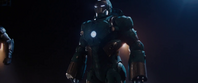 The Mark 37 in flight, as it targets and prepares to eliminate the Extremis Soldiers, in the movie Iron Man 3.
