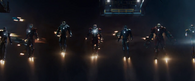 Mark XXXIX in Iron Man 3 (3rd from left) *may not be recognizable due to it's white parts being tinted blue by environment lights*