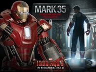 The Mark 35, also known as the "Red Snapper", a Disaster Rescue Suit, in the Iron Man 3 movie theatrical poster.