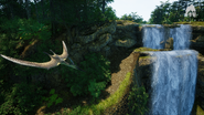 A Pteranodon diving past a waterfall