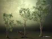Upcoming trees designed for the Swamp biome, using an adult Tyrannosaurus for scale