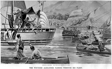 800px-The wounded Alexander passing through his fleet in India by Andre Castaigne (1898-1899)