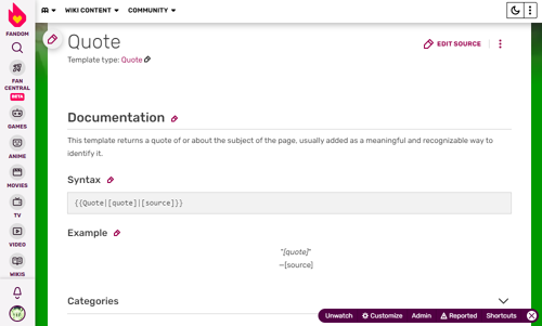 What templates do I really need on my wiki - Quote.png (69 KB) Template:Citazione ed eventualmente Template:Dialogo restituiscono una citazione del personaggio o sull'argomento della pagina,