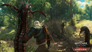 Geralt combatte contro delle scolopendre giganti in uno screenshot promozionale di Blood and Wine