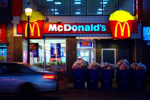 A McDonald's restaurant on garbage day.
