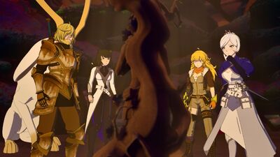 Jaune, Weiss, Blake, and Yang with a wooden Ruby