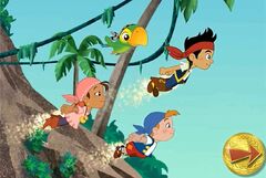Jake and his crew flying with the power of Pixie Dust in "Izzy's Flying Adventure