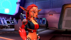 Una molesta Ashelin con Daxter encargando a este y a Jak escoltar a Torn hasta la Torre Cabezachapa.