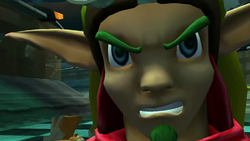 Jak, tras ganar la carrera final, escuchando con desprecio las déspotas palabras del Baron Praxis.