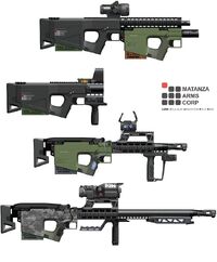 Bronie wchodzące w skład systemu CARB; od góry: karabin szturmowy, pistolet maszynowy, strzelba śrutowa i karabin snajperski.