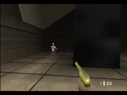 Bond, wielding Scaramanga's Golden Gun, facing against Baron Samedi in the Egyptian bonus level