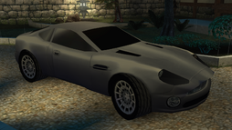 The V12 Vanquish outside Mayhew's estate from the PC version of Nightfire (2002).