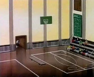 School gymnasium, as seen in Episode 19 ("Hostile Takeover") of the animated series.